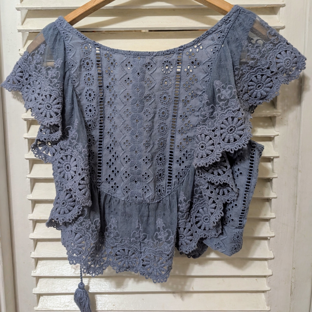 Free People Lace Off-Shoulder Blouse in Blue